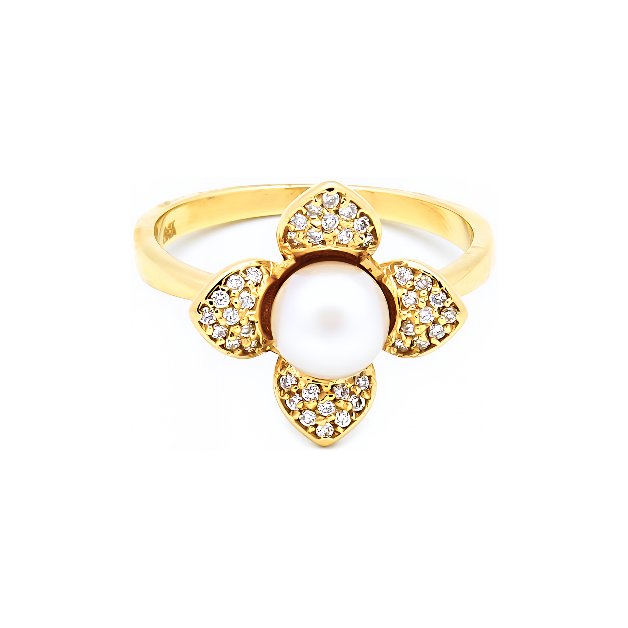 Inel Flower o cu perla alba de cultura si cu diamant de 0.17 CT, aur galben 14k