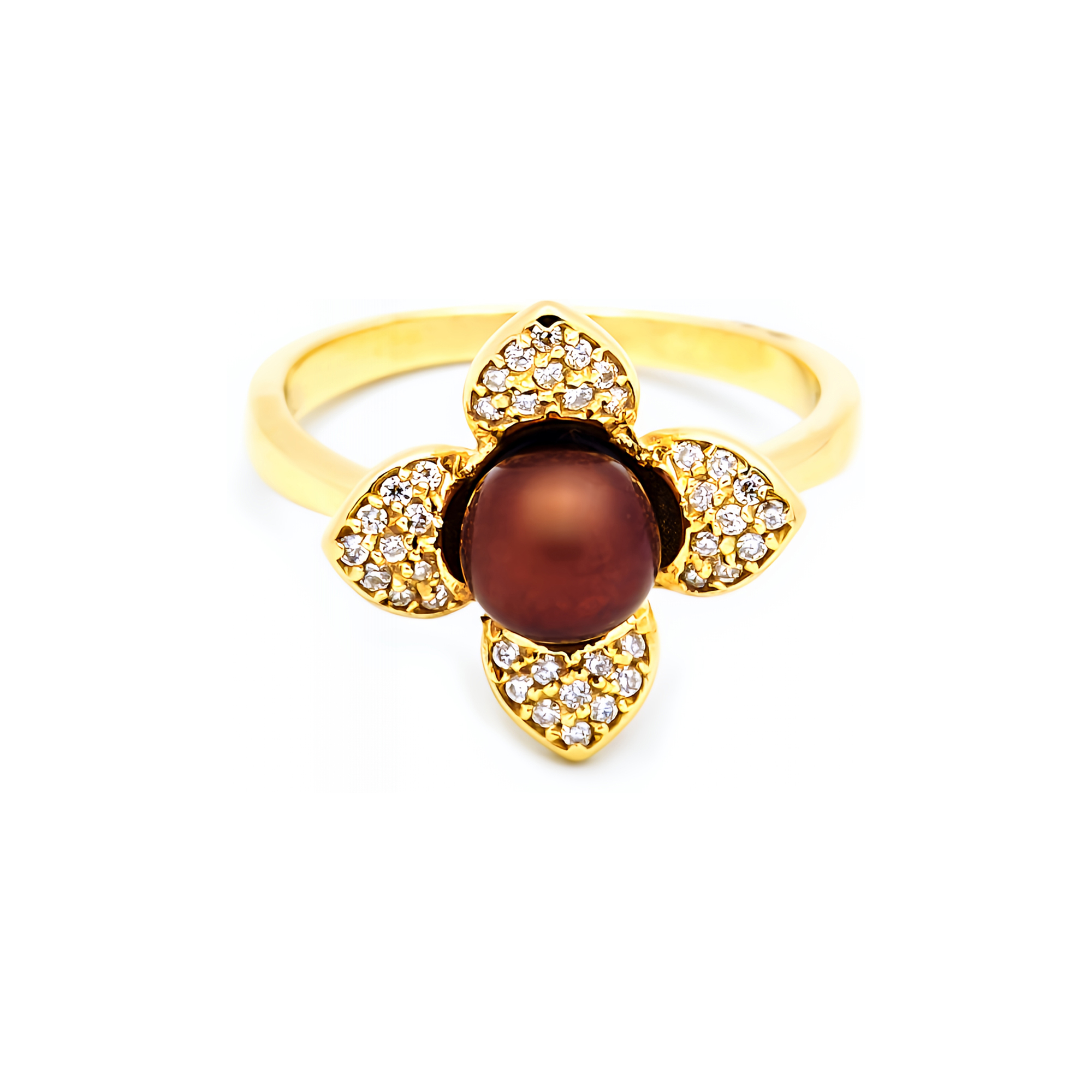 Inel Flower o cu perla neagra de cultura si cu diamant de 0.17 CT, aur galben 14k