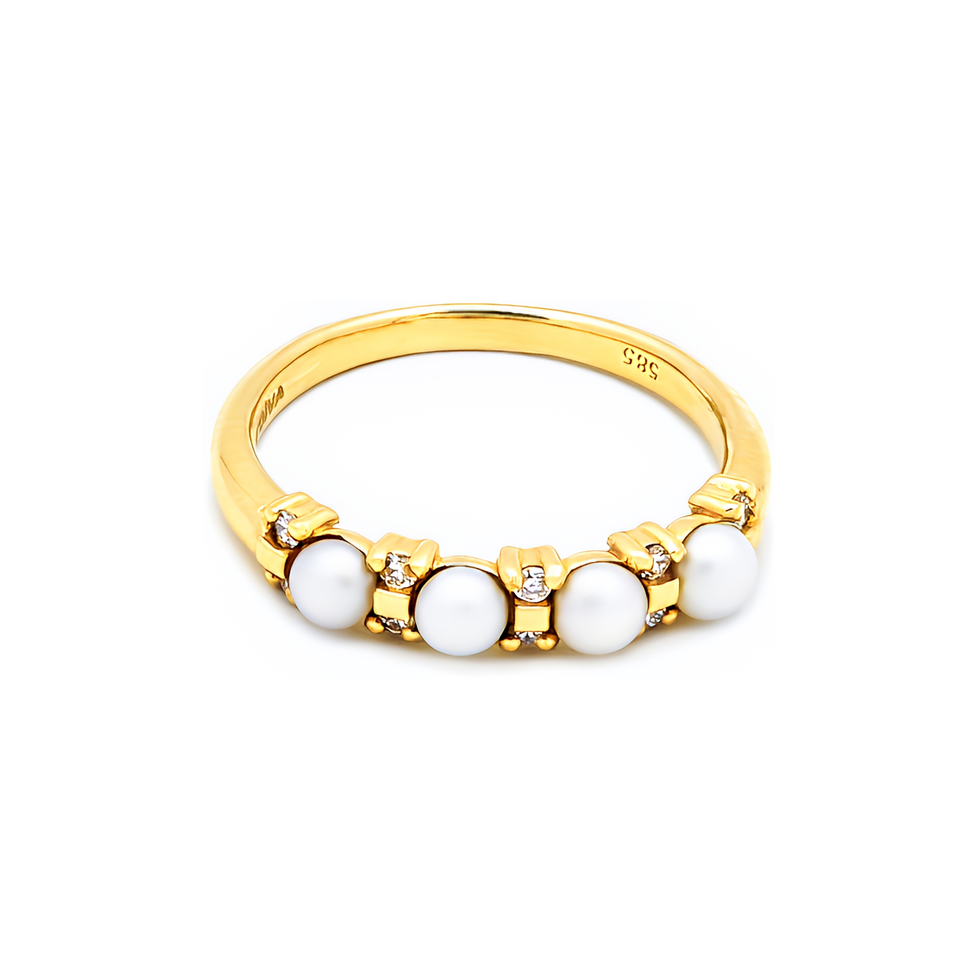 Inel Amour cu perle albe de cultura 3mm si diamante de 0.08CT, aur galben de 14k