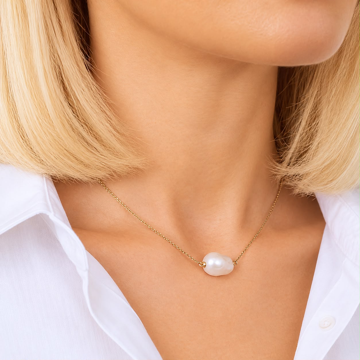 Colier Edith Baroque cu perla alba de cultura de neregulata, din aur galben de 14k